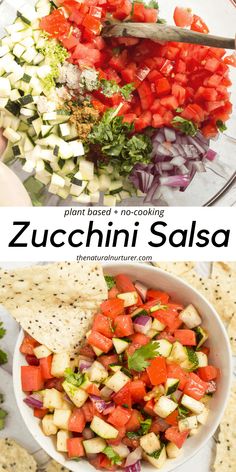 a bowl filled with chopped vegetables and salsa next to tortilla chips on a plate