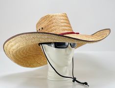 "Grande Mega Ranchero Straw Hat, Brim size about 7.50\" inches, inside circumference about 23.25\" inches overall hat size 23.5\"x22\" inches. With an elastic sweat bandana and an adjustable chin strap, hand crafted in Mexico" Casual Wide Brim Straw Hat For Western-themed Events, Adjustable Brimmed Straw Hat For Country Events, Natural Hat With Uv Protection, One Size, Uv Protection Hat With Curved Brim, Natural Color Hats With Uv Protection, Casual Hats For Western-themed Events, Casual Cap For Western-themed Events, Casual Western-themed Cap, Western Straw Cap For Outdoor