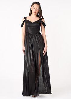 Yara Black Split Shoulder Gown | Azazie Off-shoulder Fitted Bodice Maxi Dress For Party, Off-shoulder Party Maxi Dress With Fitted Bodice, Off-shoulder Maxi Dress With Fitted Bodice For Party, Off-shoulder Gown For Night Out, Glamorous Off-shoulder Maxi Dress For Cocktail, Glamorous Off-shoulder Evening Maxi Dress, Chic Off-shoulder Gown For Prom, Chic Off-shoulder Prom Gown, Off-shoulder Maxi Dress For Gala Party