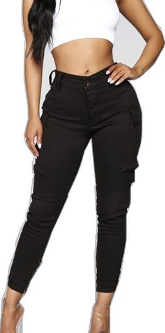 Black Mid-rise Pants With Button Closure, High Waist Stretch Black Cargo Jeans, Black Stretch High Waist Cargo Jeans, Black High-waist Non-stretch Cargo Jeans, Black High Waist Non-stretch Cargo Jeans, Black High Waist Non-stretch Cargo Pants, Non-stretch Black Bottoms With Button Closure, Flame Pants, Spandex Jumpsuit