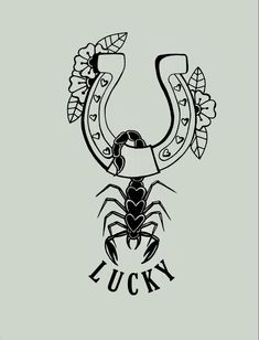 a drawing of a horse shoe with the word lucky on it