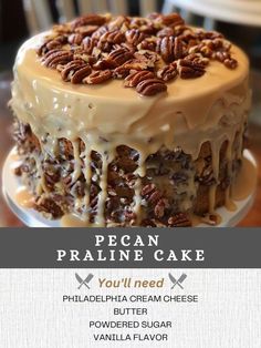 there is a cake with pecans on top