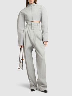 Front zip closure. Adjustable hem. Model is wearing a size34 Designer Cropped Outerwear For Work, Designer Fitted Outerwear With Zip Cuffs, Flat Espadrilles, Jeans Jumpsuit, Swim Accessories, Shearling Jacket, Grey Women, Ski Wear, Crop Jacket