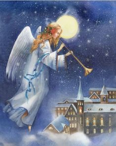 an angel playing the trumpet in front of a building with a full moon behind it