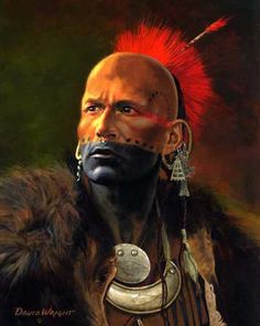 an oil painting of a native american man with red hair and piercings on his face