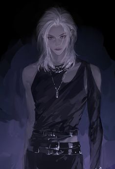 a drawing of a woman with blonde hair and black clothes, standing in front of a dark background