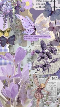 a collage with purple flowers and butterflies in the background, including an image of a fairy