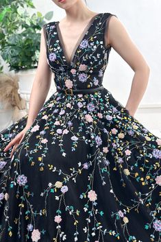 Sleeveless V Neck Colorful Sequin Floral Black Dress Floral Embellished V-neck Gala Dress, Floral Embellished V-neck Dress For Gala, Floral Embroidered V-neck Prom Evening Dress, Multicolor Sleeveless Evening Dress For Wedding, V-neck Floral Embroidered Evening Dress For Prom, Floral Embroidered V-neck Evening Dress For Prom, Sleeveless Multicolor Evening Dress For Wedding, V-neck Evening Dress With Floral Embroidery For Prom, Multicolor Sleeveless Wedding Dress