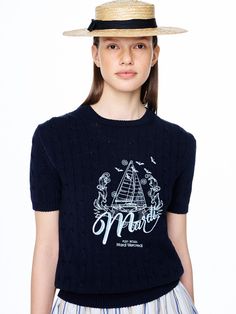 This is a casual and trendy top by MARDI MERCREDI that is made out of high quality and sturdy material. With distinctive mood of the design and comfortable wear, you can style it for your casual summer outfit.- Graphic embroidery on the front- Classic cable knit pattern overall- Trendy and feminine mood Navy Cotton Marine Style Tops, Navy Marine Style Cotton Top, Blue Knit T-shirt For Summer, Navy Relaxed Fit Tops For Spring, Marine Style Cotton Crew Neck Top, Navy Cotton Nautical Tops, Casual Blue Knit T-shirt, Trendy Navy Crew Neck Top, Navy Crew Neck Top For Summer