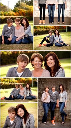 a collage of people sitting on the ground with their arms around each other and posing for pictures