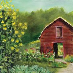 a painting of a red barn and flowers