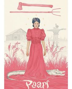 a woman in a pink dress standing next to an alligator and the words rasp on it