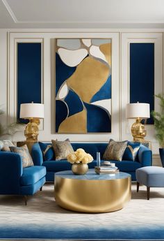 a living room filled with blue couches and gold tables in front of two paintings