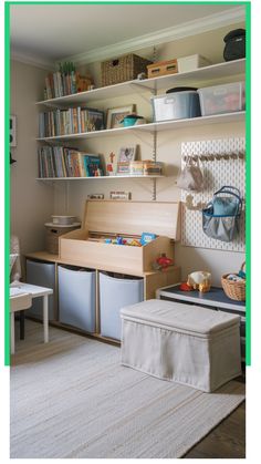 Organized playroom with toys in storage bins, books on shelves, and a cozy seating area.