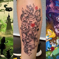 some disney tattoos are on the legs and one has an image of alice in wonderland