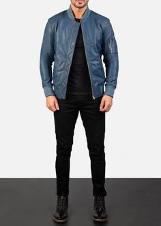 This men’s Bomia Ma-1 Blue Leather Bomber Jacket is a blast from the past that will make you smile. Simplistic style, classic design, fused together with a contemporary feel using a soothing blue colour. Made of a semi-aniline sheepskin leather, having a quilted polyester lining, ribbed knit collar and cuffs, zipper front closure, two inner and three outer pockets offering ample storage. All collectively making this a great style essential for men of all ages. Fitted Leather Biker Jacket, Blue Leather Jacket For Fall, Blue Leather Jacket For Work, Designer Fitted Leather Jacket, Blue Leather Outerwear For Fall, Blue Leather Jacket Men, Luxury Fitted Blue Leather Jacket, Blue Leather Moto Outerwear, Fitted Blue Leather Outerwear