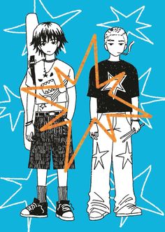 two young boys standing next to each other with arrows on their backs and stars in the background