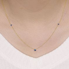 "14k Sapphire By The Yard Necklace | 0.15ct Natural Sapphire Necklace | Layering Necklace | Gold Necklace | September Birthstone Necklace | Mother's Day Gift P R O D U C T 𝄪 D E T A I L S ✽ Metal: 14k Yellow Gold, White Gold & Rose Gold ✽ Chain Length: 14\" - 20\" (Classic Rolo Chain) ✽ Center Pendant Size: approx. 4.7 mm ✽ Side Pendant Size: approx. 3.5 mm x 2 ✽ Stone: 2.8 mm x 1pc / 2.0 mm x 2pc Natural Sapphire (approx. 0.15ct) ✽ Made to Order O T H E R 𝄪 I N F O R M A T I O N ▪ All items a 14k Gold Diamond Necklace With Birthstone, Anniversary Sapphire Necklace With Single Cut Diamonds, Fine Jewelry Diamond Necklace With Birthstone In Round Cut, Fine Jewelry Diamond Necklace With Birthstone, Sapphire Necklaces With Single Cut Diamonds, 14k Gold Birthstone Necklace With Single Cut Diamonds, 14k Gold Birthstone Necklace With Diamond Accents, Sapphire Necklace With Single Cut Diamonds, Yellow Gold Sapphire Round Birthstone Necklace