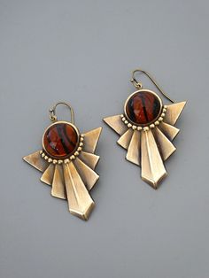 "Vintage Jewelry - Vintage Earrings - Art Deco Earrings - Tortoise Shell Earrings - Brown Earrings - Brass Earrings - Chloe's Vintage Jewelry So gorgeous! Lovely vintage brass Art Deco earrings embellished with extraordinary faux tortoise shell glass stones. Chloe says, \"Wear them and feel fabulous!\" They measure 2 1/4\" long from the top of the ear wire 1 1/4\" wide Thanks for visiting Chloe's" Retro Brass Jewelry With Matching Earrings, Brown Brass Drop Earrings, Retro Brass Drop Earrings, Retro Brass Dangle Jewelry, Retro Brass Earrings, Retro Pierced Drop Earrings, Nickel-free Retro Dangle Earrings, Retro Drop Earrings, Art Deco Metal Drop Earrings