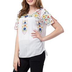 Spring Multicolor Embroidered Tops With Sleeves, Summer Multicolor Embroidered Blouse, Summer Blouse With Multicolor Embroidery, Summer Blouse With Embroidered Neckline, Fitted Blouse With Embroidered Hem, Short Sleeve Tops With Geometric Embroidery For Spring, Spring Short Sleeve Tops With Geometric Embroidery, Casual Top With Embroidered Short Sleeves, Casual Tops With Embroidered Short Sleeves