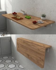 two pictures of a wooden shelf with food on it