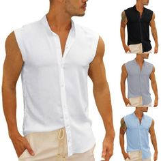 Product Description Men Fashionable Sleeveless T-shirt Mens Beach Casual Stand Up Neck Summer Shirts Product Details   Description: Gender: Men, Boys Style: Men Solid T-shirt, Short Sleeve Tops, Men Sleeveless Blouse, Men Button Down T Shirts Pattern Type: Solid Color Color: White, Light Blue, Gray, Black (Optional) Size: S, M, L, XL, 2XL, 3XL (Follow the size chart to select please) Material: 100% Polyester Neckline: Stand Up Neck Length: Hips Length Sleeve Length: Sleeveless Season: Spring, Su Casual Short Sleeve Vest For Summer, Casual Sleeveless Shirt For Summer, Casual Sleeveless Summer Shirt, Casual White Vest For Beach Season, Beach Season Cotton Vest, Casual Summer Vest For Vacation, Cotton Beach Vest, Cotton Beach Vest For Beach Season, Summer Short Sleeve Tank Top For Beach