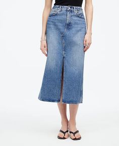 The Rilee Denim Midi Skirt | Madewell Fitted Medium Wash Denim Midi Skirt, Classic Mid-rise Denim Skirt For Spring, Classic Mid-rise Denim Skirt For Summer, Classic High Rise Denim Skirt For Summer, Classic High Waist Denim Skirt For Spring, Classic High-waist Denim Skirt For Spring, Trendy Midi-length Denim Skirt For Spring, Fitted Midi Length Denim Skirt, Trendy Spring Denim Midi Skirt