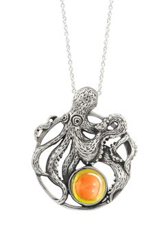 Sterling Silver-Octopus Pendant-Necklace Charm-Fire-Polished-Leightworks Octopus Pendant, Undersea World, Green Fire, Box Chain, Handmade Sterling Silver, Sea Life, Cable Chain, Crystal Jewelry, Octopus