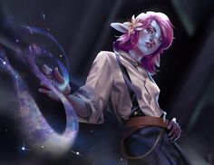 a woman with pink hair holding her hands out in front of an image of the moon