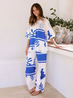 Blue Zone Planet |  Lapel Home Loose Two-piece Set BLUE ZONE PLANET Tropical Pants, Blue Zone, Blue Zones, Short Sleeve Pattern, Weave Style, Self Design, Loose Outfit, Design Fabric, Spring Summer Dress