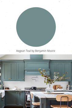 a kitchen with green cabinets and white counter tops, the color is aquan teal by benjamin moore