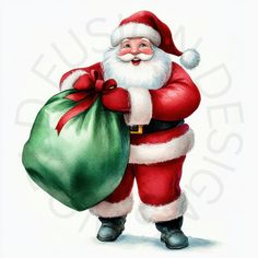 a watercolor painting of santa holding a bag