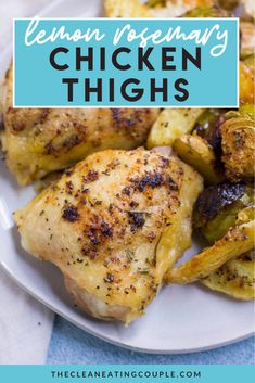 chicken thighs on a plate with lemon and rosemary garnish in the background text reads sheet pan lemon rosemary chicken thighs