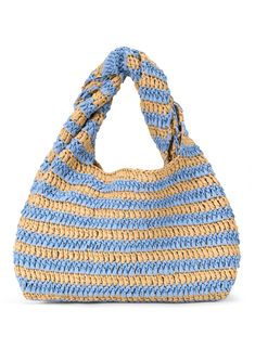 The Parker Bag is woven from raffia in natural tan and rio blue stripes. This small silhouette, featuring a flexible shape, is a versatile staple you can tuck under your arm or carry by the twisted top handle. Shop Bags. Styling Tip: Style with vacation-ready essentials like linen separates and throw-on dresses. Desert Palm, Twisted Top, Black Aviators, Raffia Bag, Natural Tan, Knitted Bags, Blue Cream, Fun Bags, Signature Style