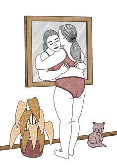 a woman hugging another woman in front of a mirror