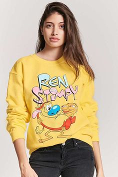 Model from the pictures is wearing size Small  New with the tag Sold out from Forever 21 A fleece knit sweatshirt featuring a front Ren and Stimpy character graphic, a crew neck, drop-shoulder long sleeves, ribbed trim, and a relaxed fit.  Officially licensed product.  50% cotton, 50% polyester.   Machine wash cold.�  Made in Honduras.  Size + Fit:. Model is 5'9%22 and wearing a Small.  Full length: 25. Chest: 39. Waist: 39. Sleeve length: 23.5 Payment is due no later than 4 days after you have w Ren And Stimpy, Character Graphic, Cartoon Outfits, Knit Sweatshirt, Summer Outfits Women, Cartoon Character, Western Wear, Women's Tops, Honduras