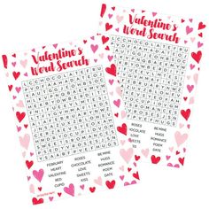 two valentine's word search printables with hearts