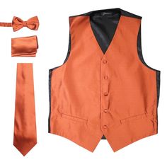 an orange vest, tie and matching bow tie