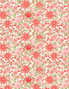 a pink and green floral pattern with red flowers on the bottom half of the image