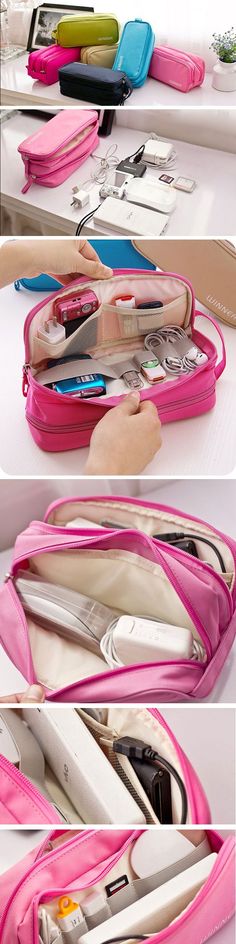 the inside of a pink purse with several compartments