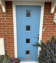 a blue front door on a brick house with potted plants in the foreground