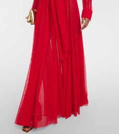 Chiffon gown in red - Norma Kamali | Mytheresa Chiffon Full-length Maxi Dress For Party, Party Full Length Chiffon Maxi Dress, Fitted Georgette Gown For Gala, Silk Maxi Dress For Red Carpet, Red Chiffon Gala Dress, Fitted Georgette Maxi Dress For Gala, Party Georgette Maxi Dress, Party Georgette Long Maxi Dress, Party Nylon Dresses With Long Sleeves