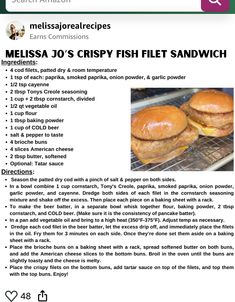 the menu for melssa jo's crispy fish filet sandwich