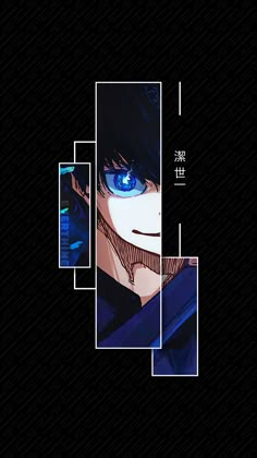 an anime character with blue eyes and black hair is shown in the center of this collage