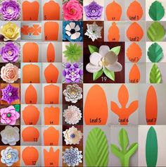 paper flowers and leaves are arranged in different shapes, sizes, and colors to make an origami flower