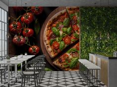 a pizza with tomatoes and basil on it is in the middle of a restaurant wall mural