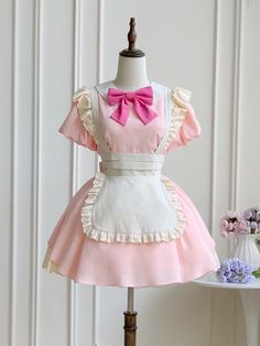 Pink Kawaii Dress For Tea Party, Pink Maid Dress Aesthetic, Pink Maid Dress, Pink And Blue Maid Dress, Kawaii Ruffled Dresses For Cosplay Events, Kawaii Ruffle Costume Dress, Apron Fashion, Clown Dress, Fashion Apron