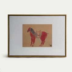 a drawing of a horse is hanging on the wall next to a white frame with a brown border