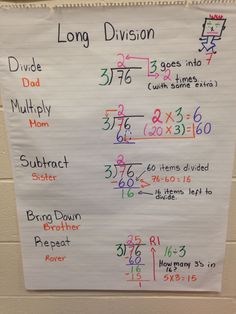 a white board with numbers and times on it in front of a wall that says long division