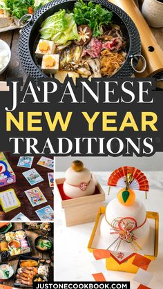 japanese new year's eve celebrations with sushi, rice and other food items